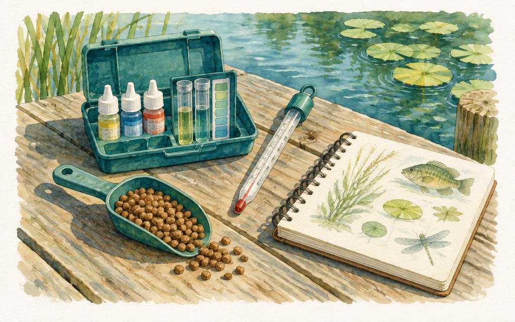Kit de agua, alimento y cuaderno en el muelle
